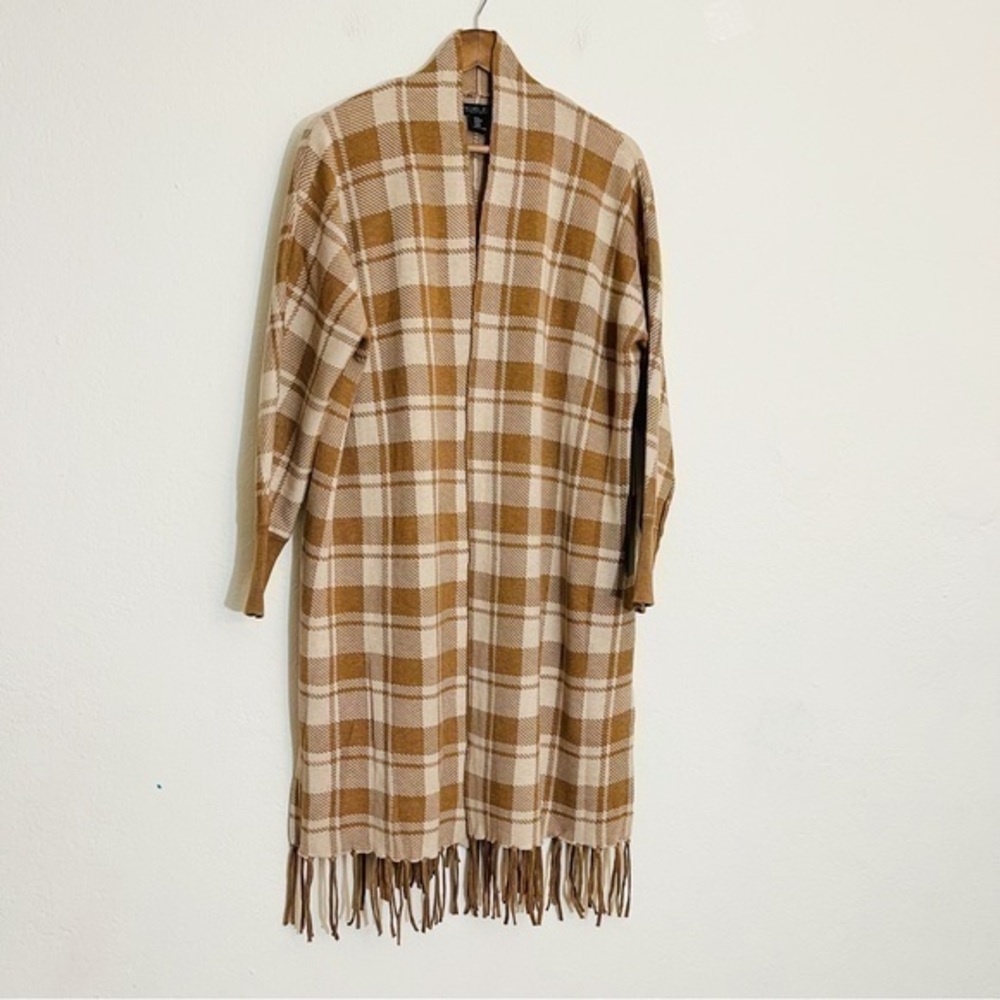 EUC Rachel Zoe Wool Blend Plaid Open Front Cardigan Size Medium Brown/Off White